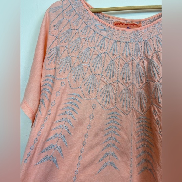Johnny Was Oversized Boho Flowy Embroidered Coral Peach Top Beachy Vibes Comfy - Picture 4 of 8